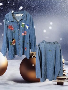 Vintage Victoria Jones 3X Embellished Christmas Holiday Denim Shirt /Jacket